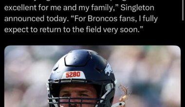 [Schefter] After a random drug test two weeks ago, doctors discovered that Broncos LB Alex Singleton had a testicular cancerous tumor that they removed the day after Denver defeated the Raiders on Thursday night football. “The prognosis is excellent for me and my family,”…