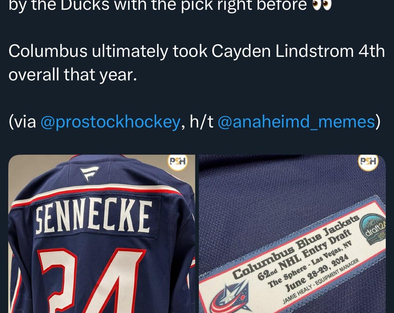 [BR Open Ice] The Blue Jackets prepped a jersey for Beckett Sennecke in the 2024 Draft, but he was taken by the Ducks with the pick right before 👀
