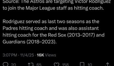 [McTaggart] Source: The Astros are targeting Victor Rodriguez to join the Major League staff as hitting coach.
