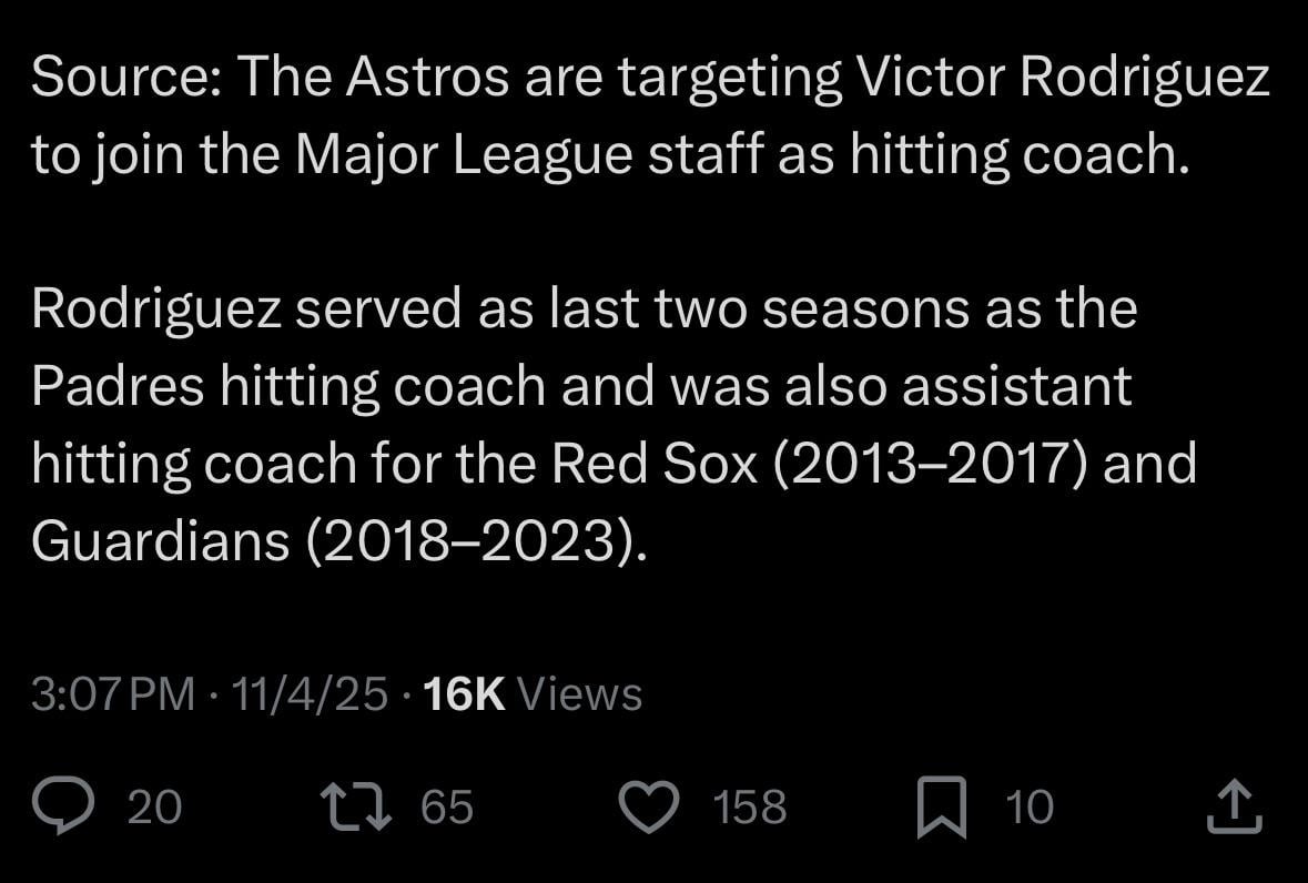 [McTaggart] Source: The Astros are targeting Victor Rodriguez to join the Major League staff as hitting coach.