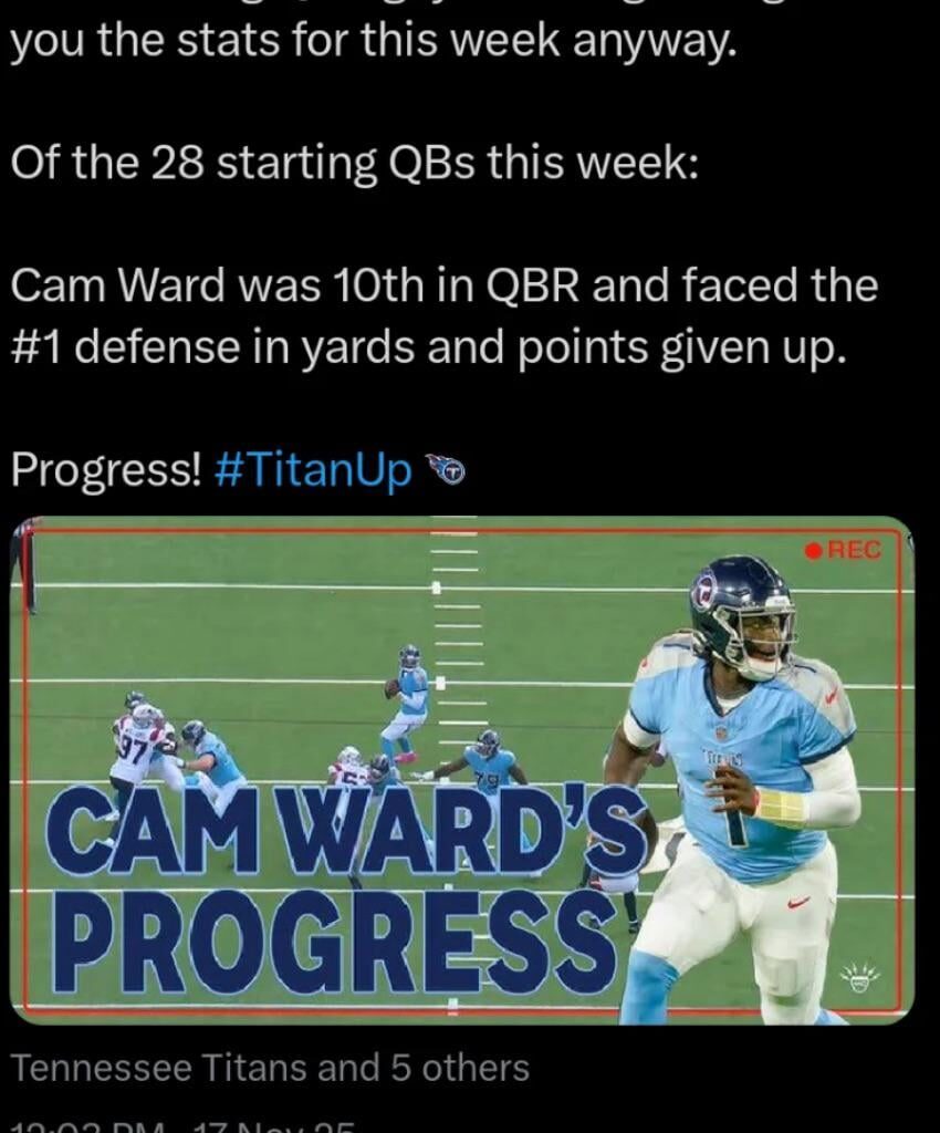 Against the #1 defense, Cam Ward finished 10th in QBR this week