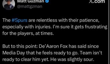 [Guzman] Fox said in media day that he’s healthy and ready to play. Spurs medical staff are unwilling to clear him yet