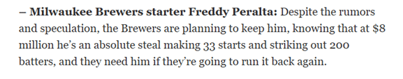 "Freddy Peralta... Brewers are planning to keep him" -Bob Nightengale