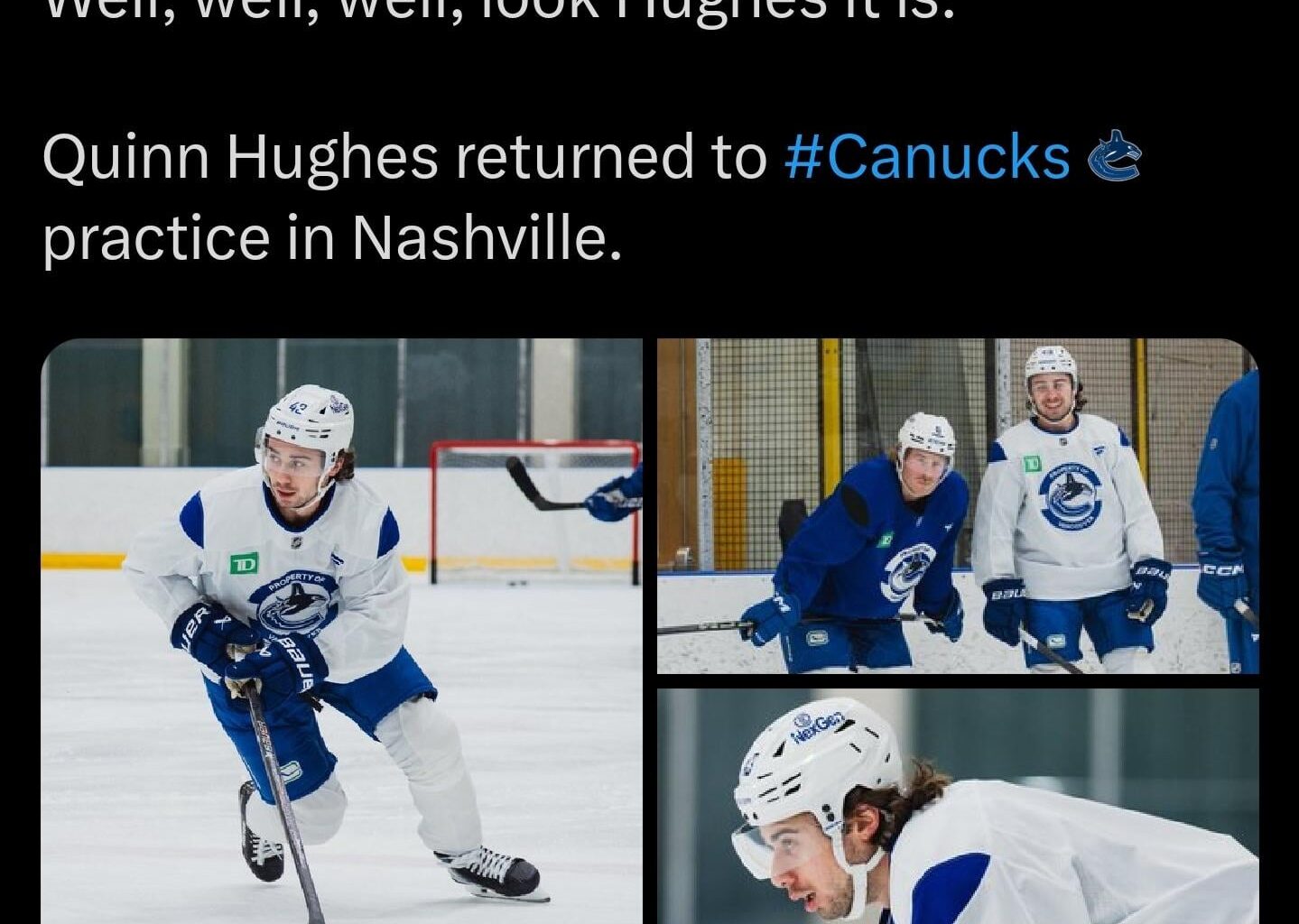 [Canucks] Well, well, well, look Hughes it is. Quinn Hughes returned to Canucks practice in Nashville.