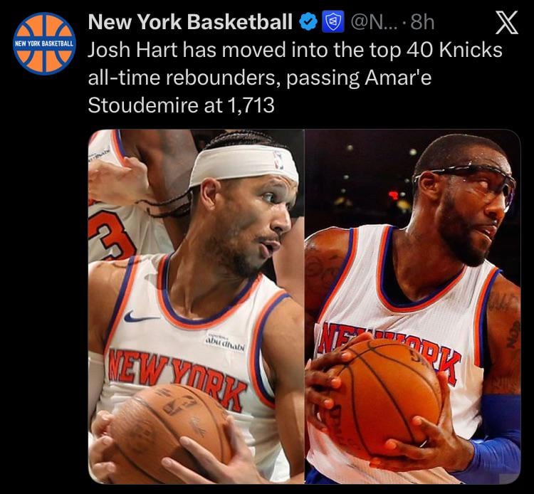 Josh Hart has moved into the top 40 Knicks all-time rebounders, passing Amar'e Stoudemire at 1,713