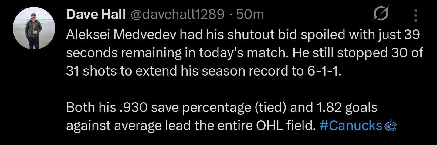 Alexei Medvedev leads the OHL with a 1.86 GAA and 2nd in SV% at 0.929. His record on the season is 6-1-1 @davehall1289 [X/Twitter]