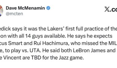 JJ says today was the first time all 14 players have parcticpated in practice. LeBron and Gabe are both TBD for tomorrow's game. Rui and Smart are expected to be back