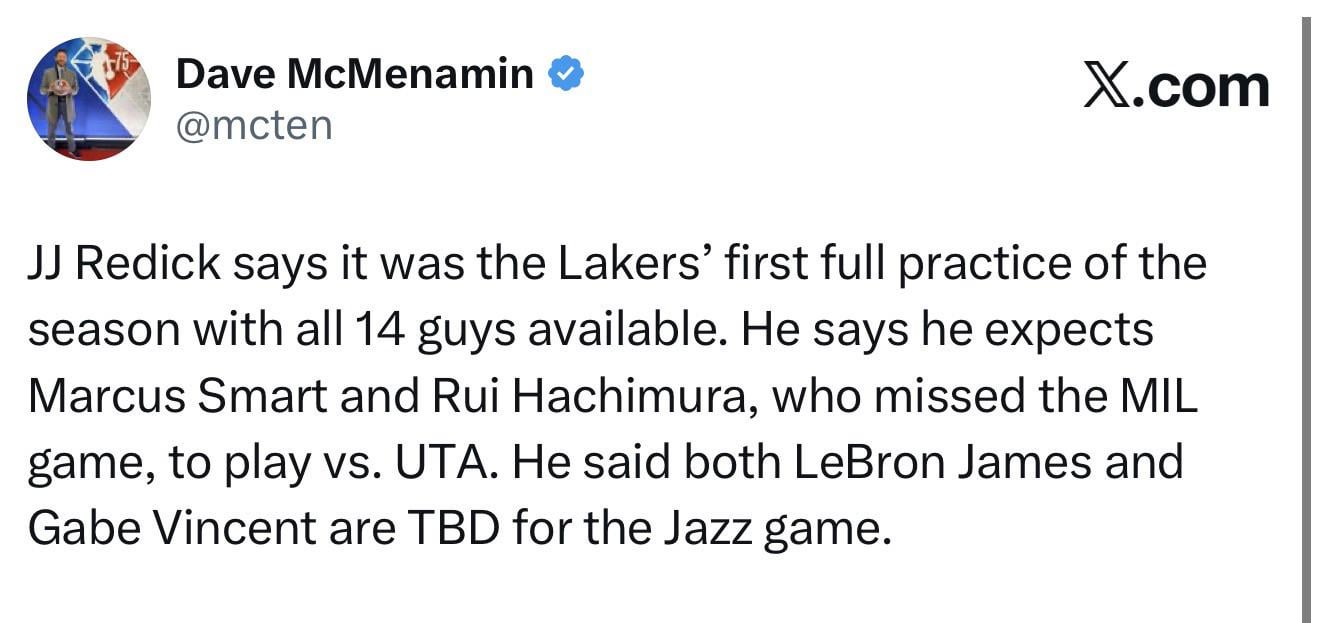 JJ says today was the first time all 14 players have parcticpated in practice. LeBron and Gabe are both TBD for tomorrow's game. Rui and Smart are expected to be back
