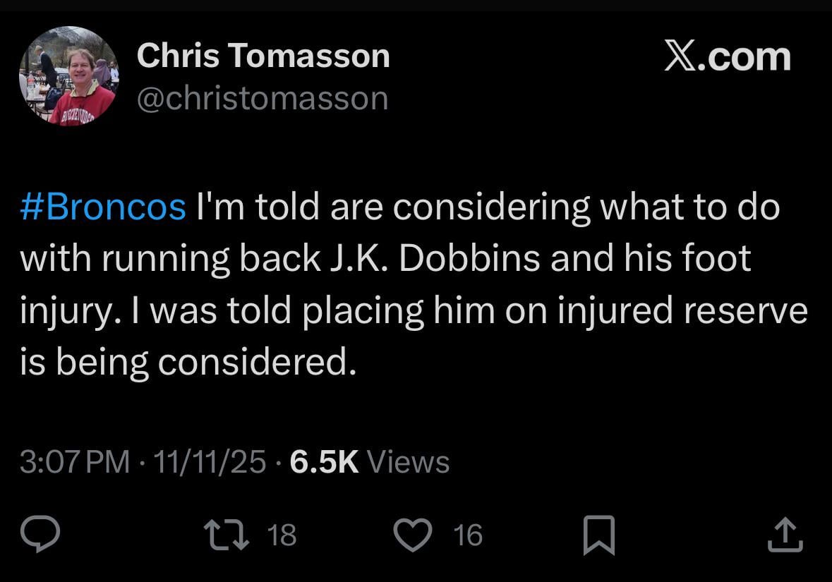 [Chris Tomasson] #Broncos I'm told are considering what to do with running back J.K. Dobbins and his foot injury. I was told placing him on injured reserve is being considered