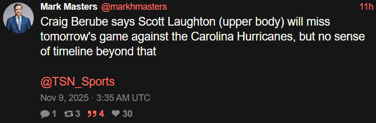 [Masters] Craig Berube says Scott Laughton (upper body) will miss tonight's game against the Carolina Hurricanes, but no sense of timeline beyond that.