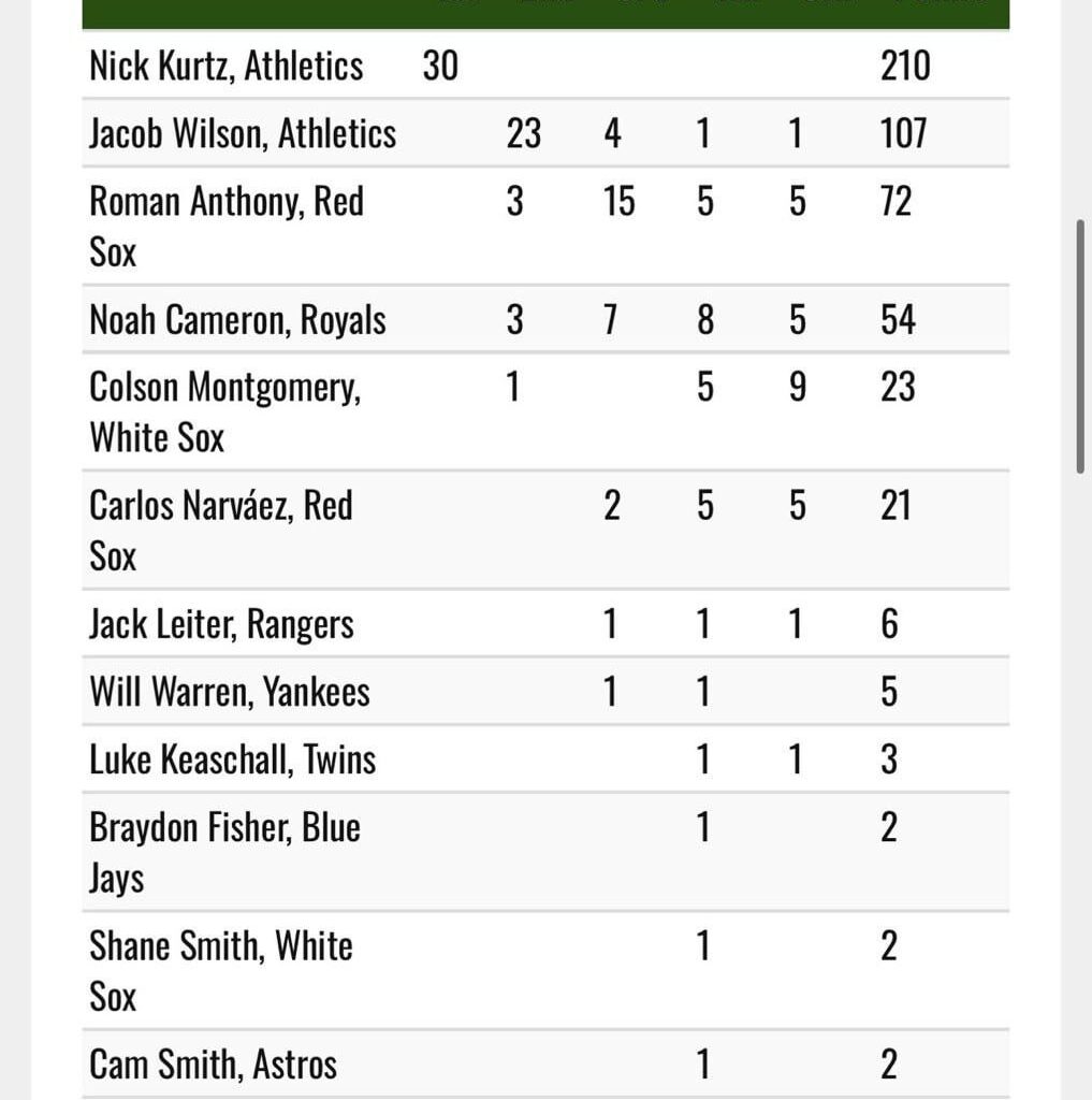 Noah Cameron got 3 second place votes in AL ROTY voting.