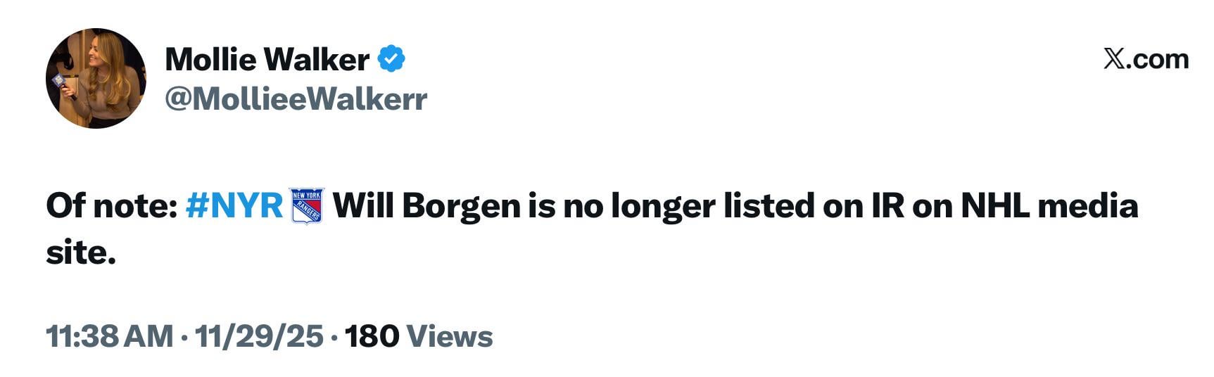 [Walker] Of note: Will Borgen is no longer listed on IR on NHL media site.