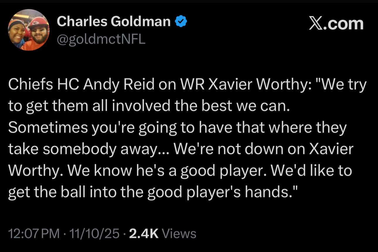 [Goldman] Chiefs HC Andy Reid on WR Xavier Worthy: "We try to get them all involved the best we can. Sometimes you're going to have that where they take somebody away... We're not down on Xavier Worthy. We know he's a good player. We'd like to get the ball into the good player's hands."