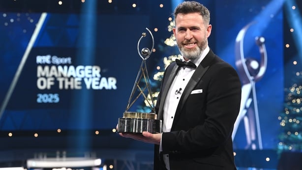 Shamrock Rovers manager Stephen Bradley with his Manager of the Year award during the RTÉ Sports Awards 2025 at RTÉ studios in Donnybrook, Dublin. 