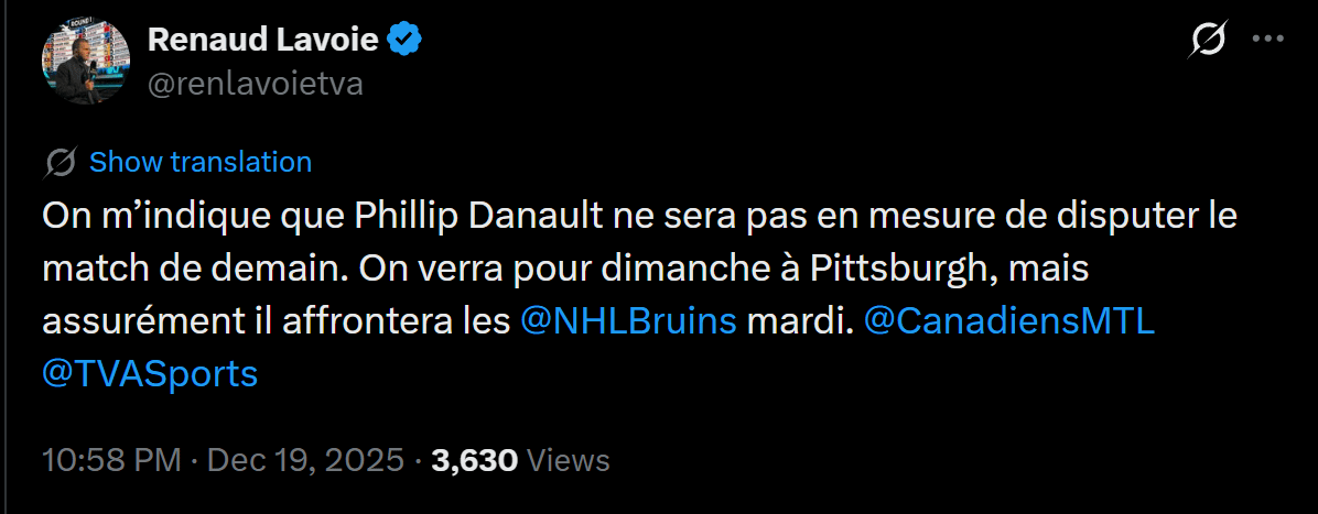 Danault could play Sunday, but will definitely play on tuesday