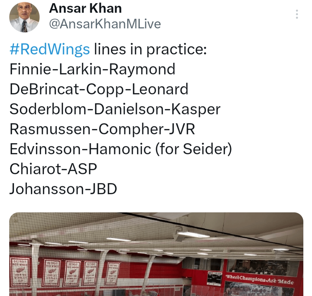 Wings practice lines today including updates on Seider and Appleton.