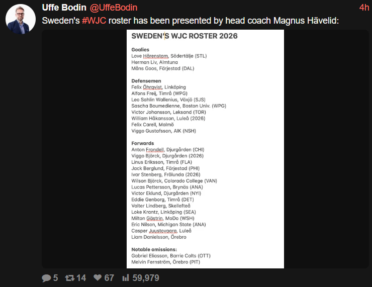 [Bodin] Sweden's WJC roster has been presented (Victor Johansson (TOR 2024 4th) named to the team)