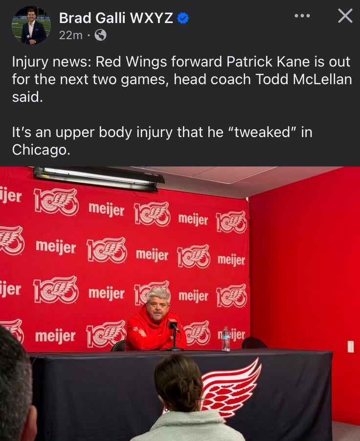 Kane out next two games per Brad Galli