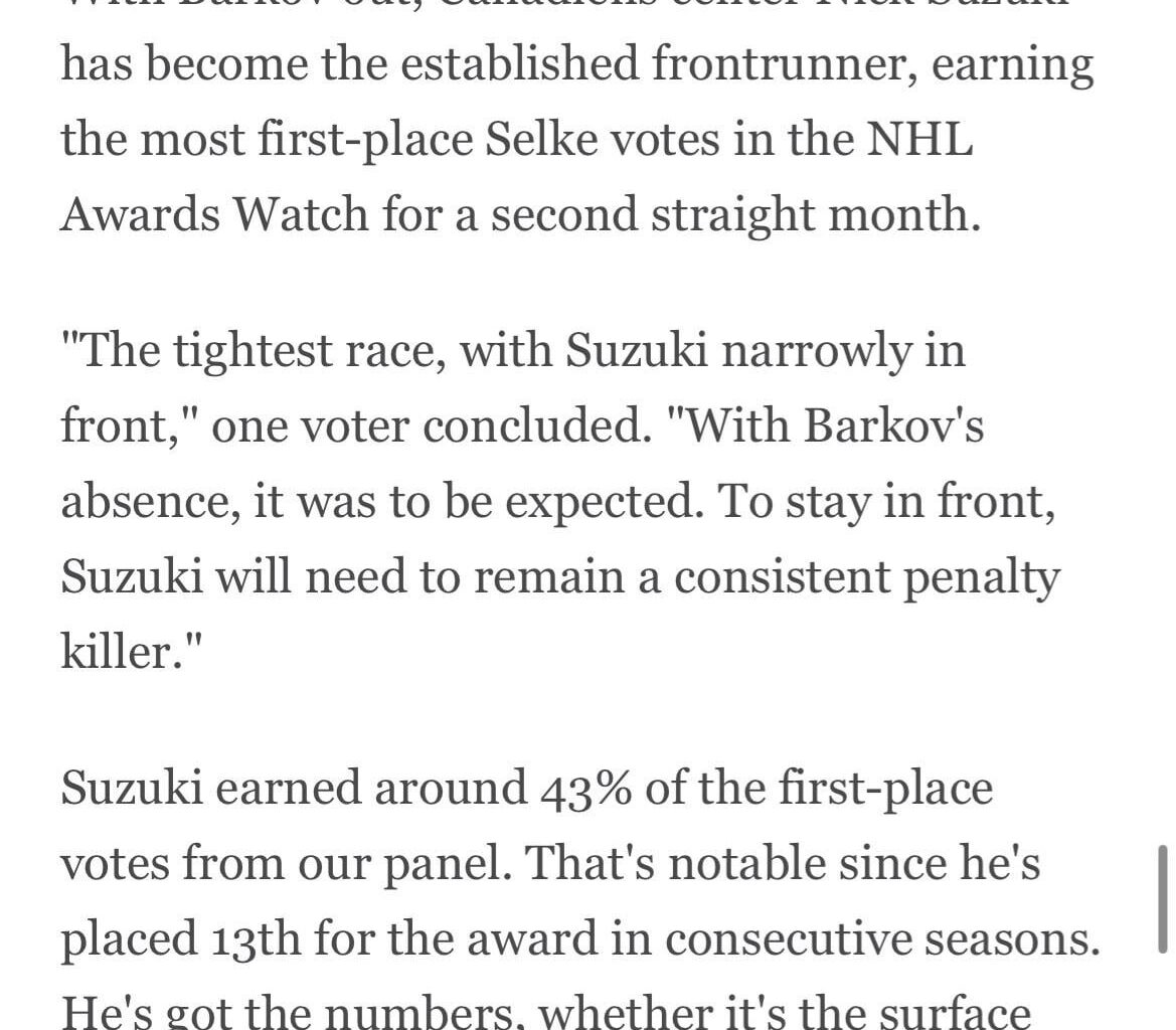 Nick Suzuki is the current front runner for the Selke Trophy
