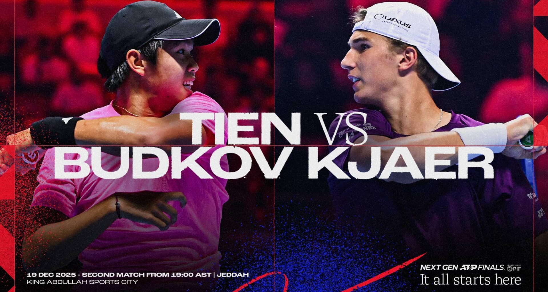 Learner Tien faces Nicolai Budkov Kjaer in the final round-robin match of the 2025 Next Gen ATP Finals.