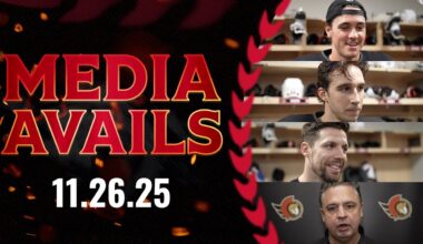 Dylan Cozens, David Perron, Shane Pinto, Travis Green Pregame Media vs VGK