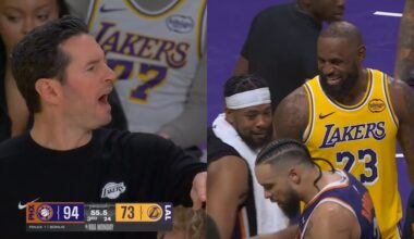 JJ Redick gets annoyed with LeBron talking to Suns bench mid play and calls timeout 😬
