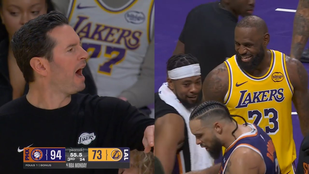 JJ Redick gets annoyed with LeBron talking to Suns bench mid play and calls timeout 😬