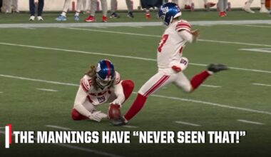 'NEVER SEEN THAT' 😬 Peyton, Eli & Danny DeVito can't believe Younghoe Koo's FG attempt | ManningCast