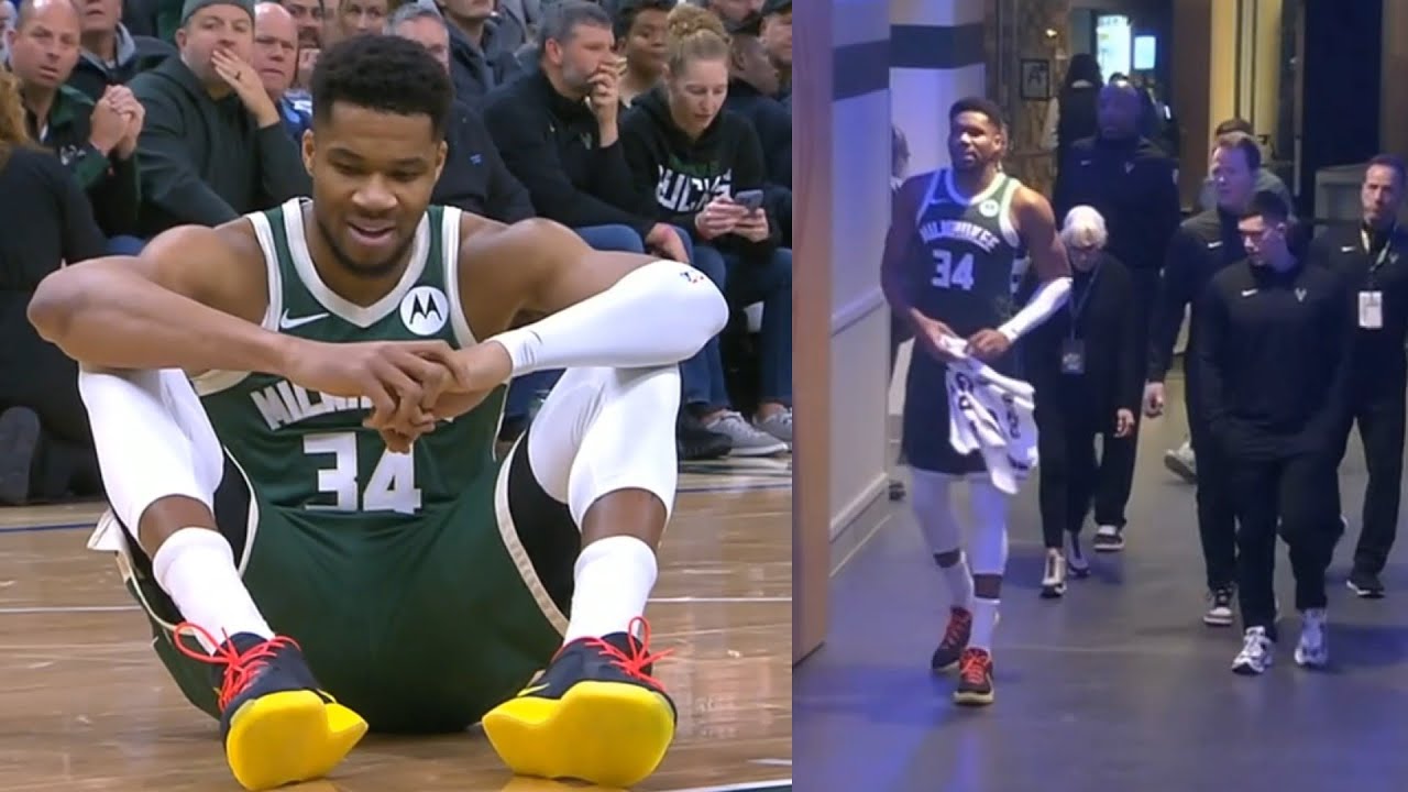 Giannis scary non-contact leg injury and limps to locker room vs Pistons