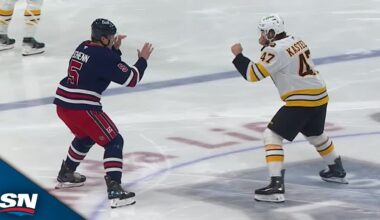 Luke Schenn And Mark Kastelic Drop The Gloves Right After Puck Drop