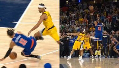 Jalen Brunson game winner vs Pacers after Nembhard bumped him to ground