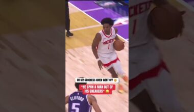 Amen Thompson spins one defender to the floor and then posterizes another with the two-hand slam 🫨