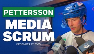 Elias Pettersson speaks with media as he returns to the Canucks lineup against the San Jose Sharks
