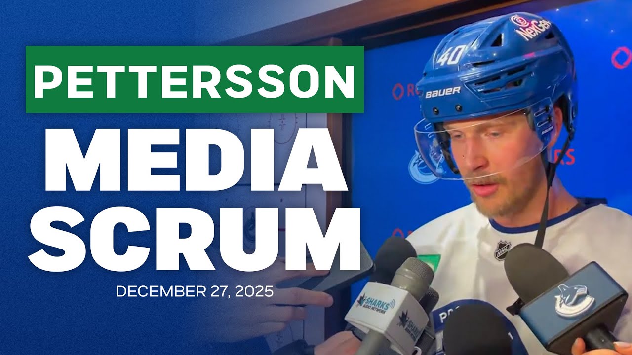 Elias Pettersson speaks with media as he returns to the Canucks lineup against the San Jose Sharks