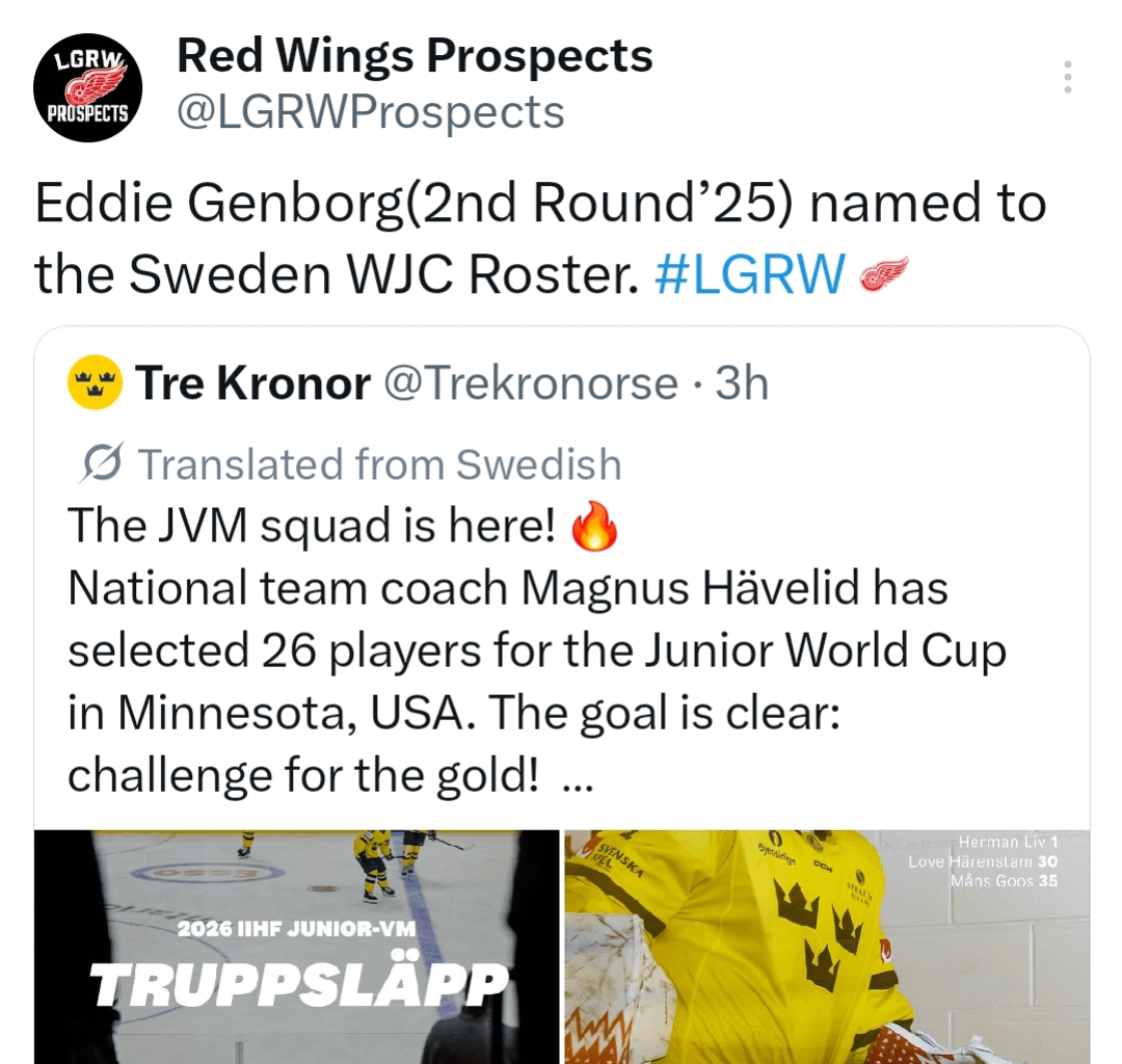 Another Red Wings prospect invited to the World Junior Ice Hockey Championships. Let's go Eddie!