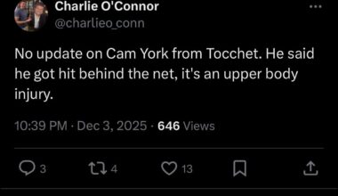 [O’Connor] No update on Cam York from Tocchet. He said he got hit behind the net, it's an upper body injury.