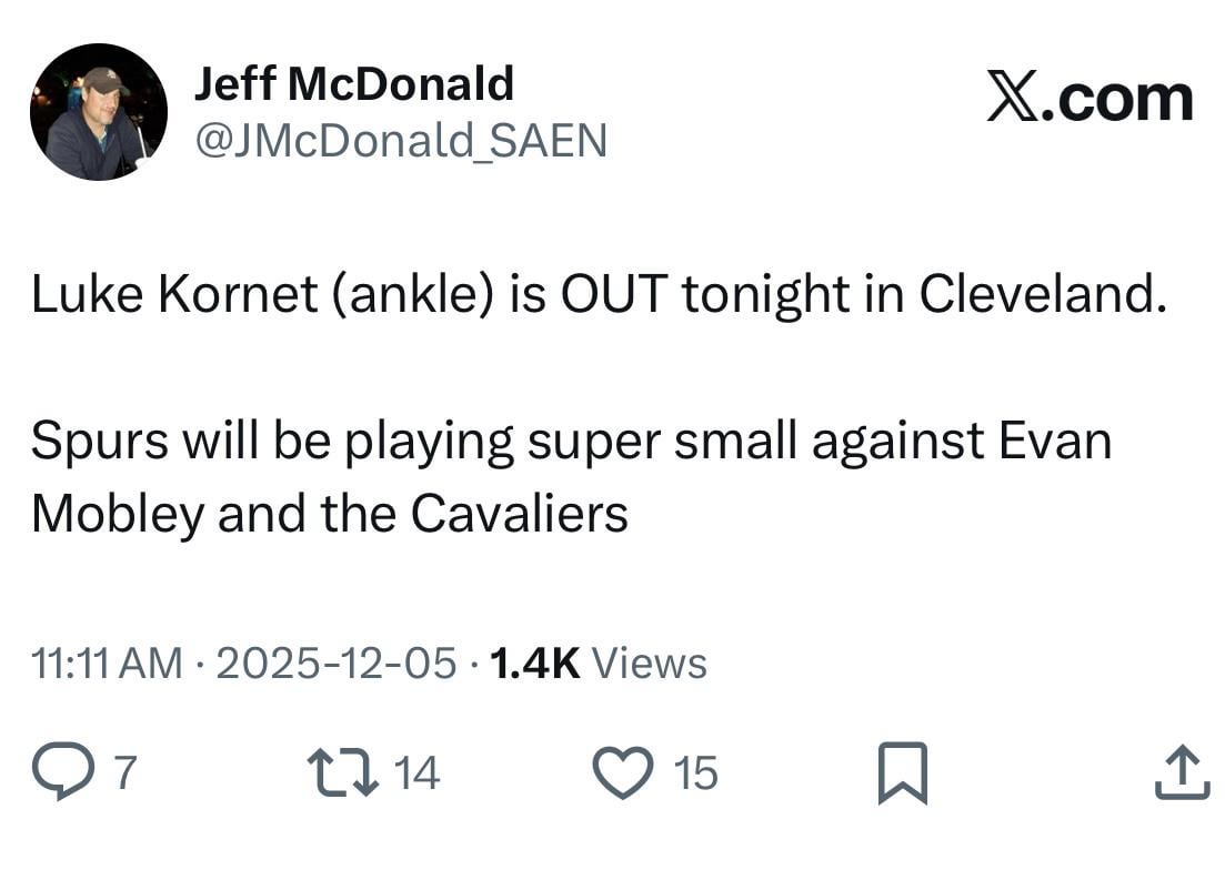 Kornet is OUT against Cleveland tonight
