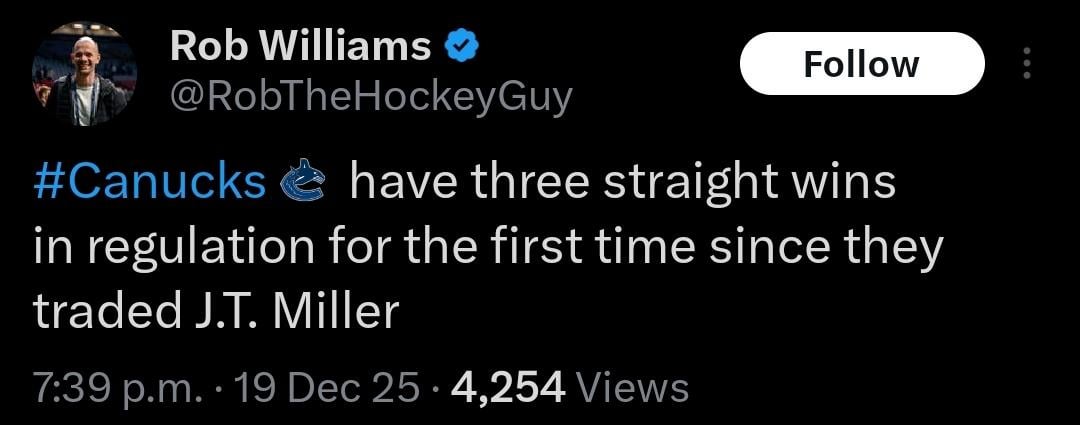 [Williams] Canucks have three straight wins in regulation for the first time since they traded J.T. Miller