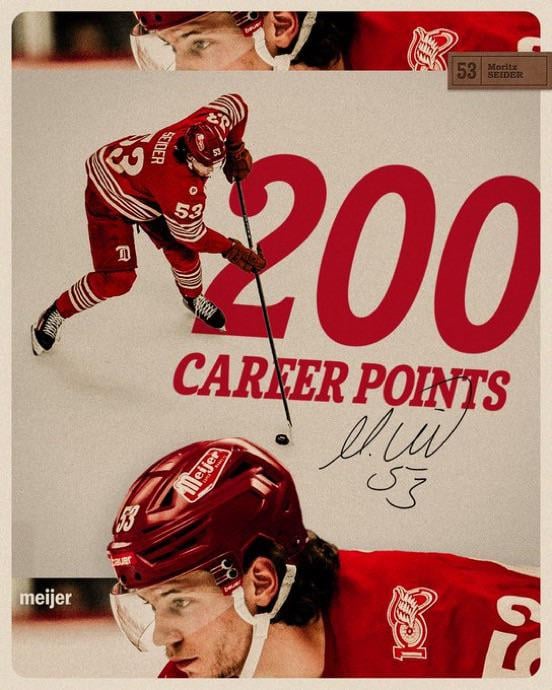 Moritz Seider (356 GP) required the fifth-fewest games to reach 200 NHL points by a #RedWings defenseman.