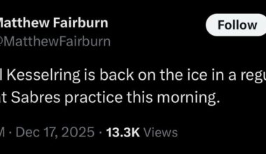 [Matthew Fairburn] Michael Kesselring is back on the ice in a regular jersey at Sabres practice this morning.