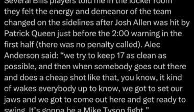 Several Bills players told me in the locker room they felt the energy and demeanor of the team changed on the sidelines after Josh Allen was hit by Patrick Queen just before the 2:00 warning in the first half.