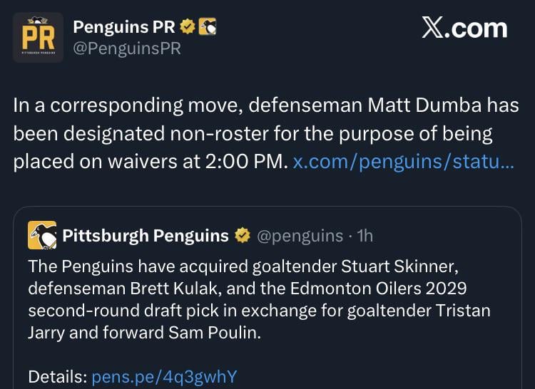 [Penguins PR] In a corresponding move, defenseman Matt Dumba has been designated non-roster for the purpose of being placed on waivers at 2:00 PM.
