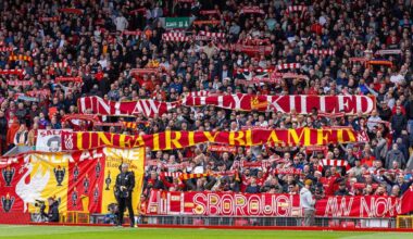 LIVERPOOL, ENGLAND - Sunday, April 13, 2025: Liverpool supporters' banners "Unlawfully Killed, Unfairly Blamed" relating to the Government cover-up and lies following the Hillsborough Stadium Disaster during the FA Premier League match between Liverpool FC and West Ham United FC at Anfield. Liverpool won 2-1. (Photo by David Rawcliffe/Propaganda)