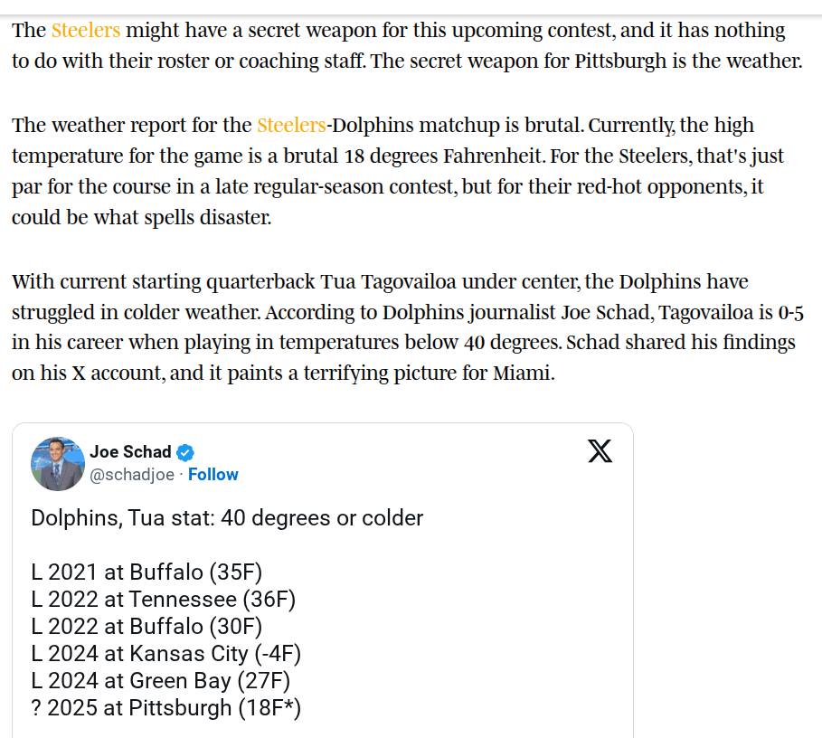 The Steelers will have a secret weapon for Monday Night, and it has nothing to do with their roster or coaching staff. It's the projected 18 degree weather.