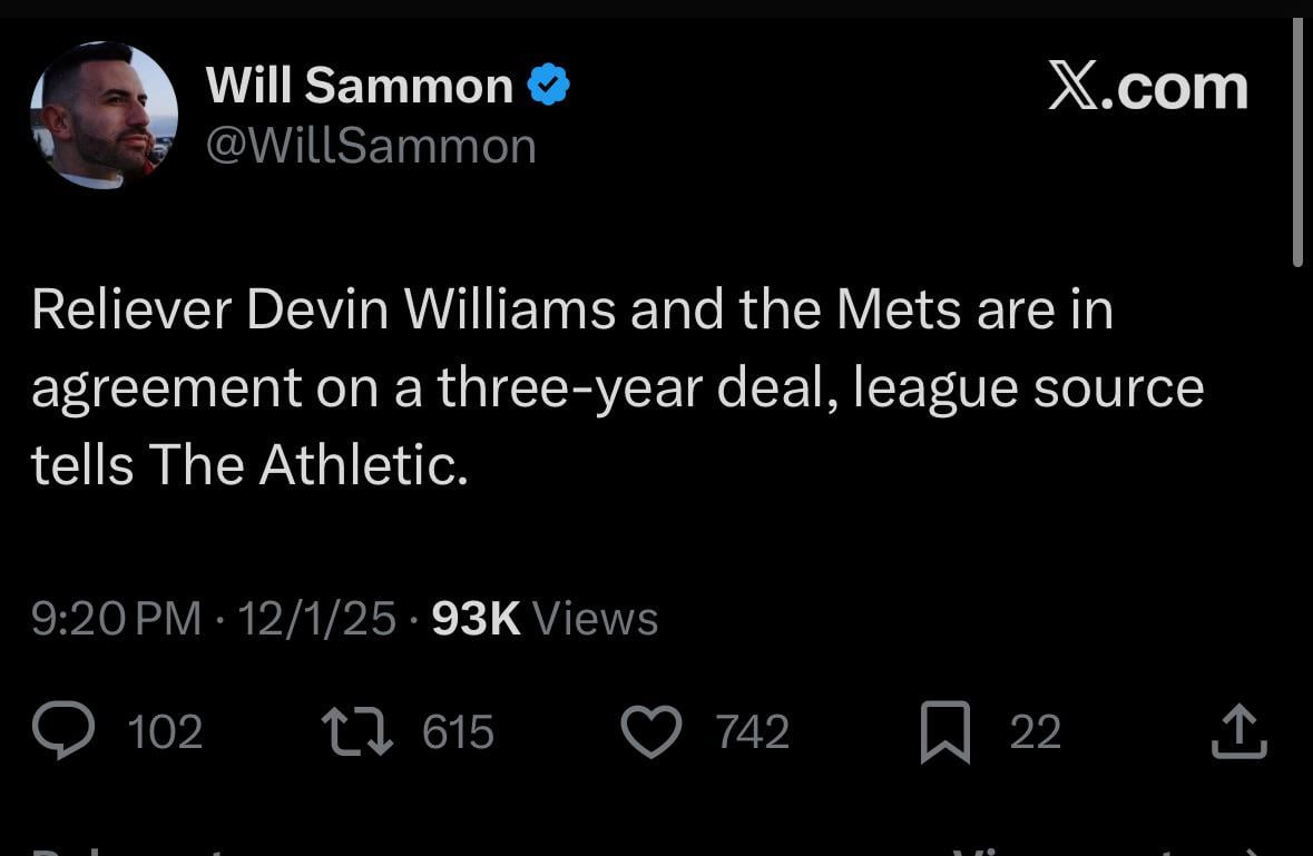 [Sammon] Mets, Devin Williams agree to 3-Year Deal