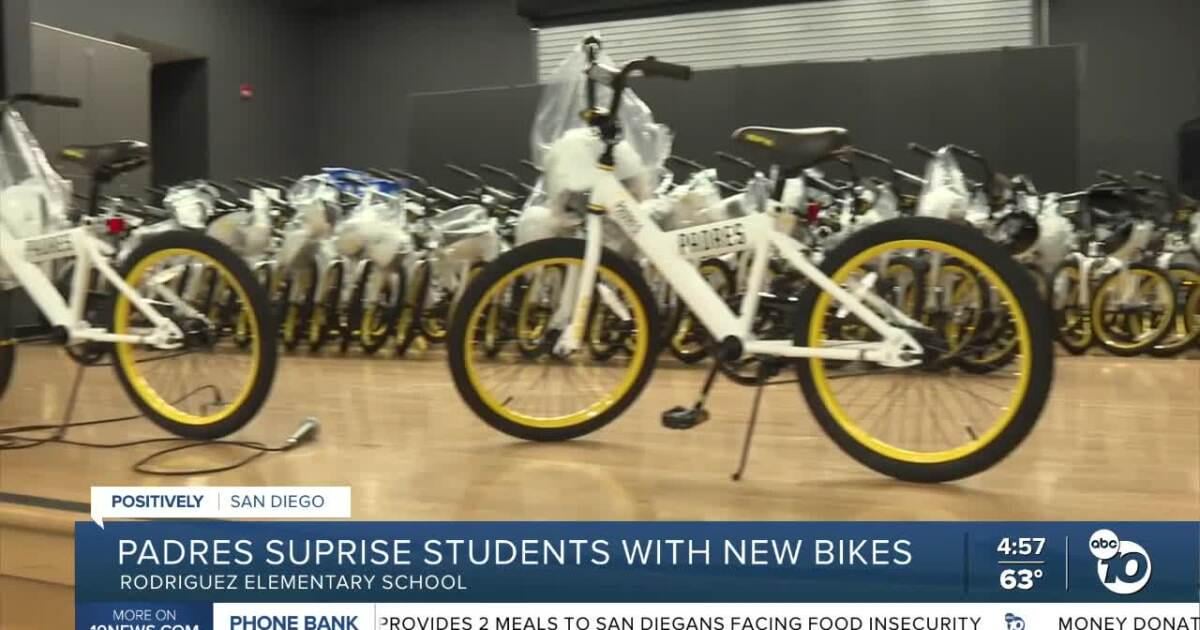 Padres Foundation surprises Rodriguez Elementary students with 100 bike