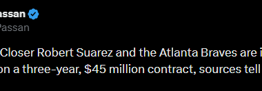 [Passan] Robert Suarez to ATL, 3/$45M
