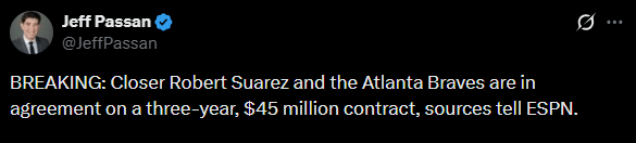 [Passan] Robert Suarez to ATL, 3/$45M