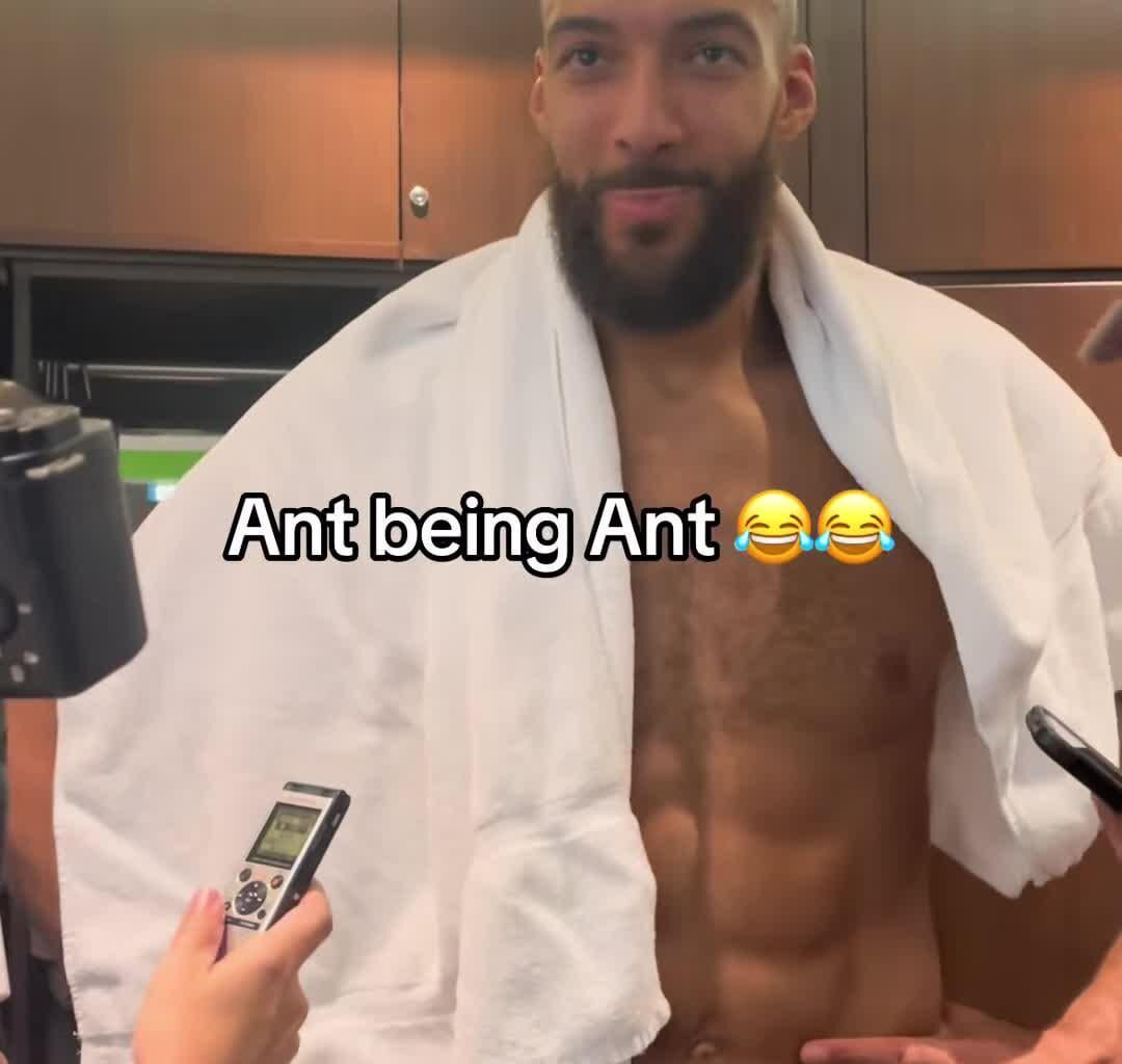 [Highlight] Ant being Ant trying to get Rudy to crack up during his postgame interview in locker room. Bonus view of Rudy’s glistening abs.