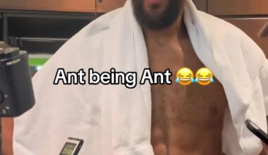 [Highlight] Ant being Ant trying to get Rudy to crack up during his postgame interview in locker room. Bonus view of Rudy’s glistening abs.